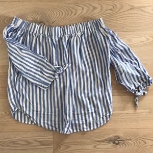 Off shoulder blue and white striped shirt
